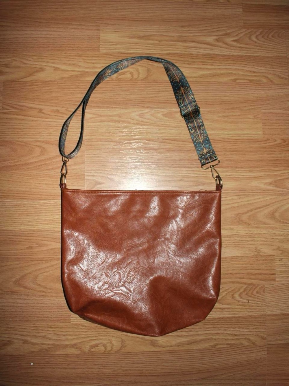 Brown Leather Crossbody Tote with Patterned Adjustable Strap